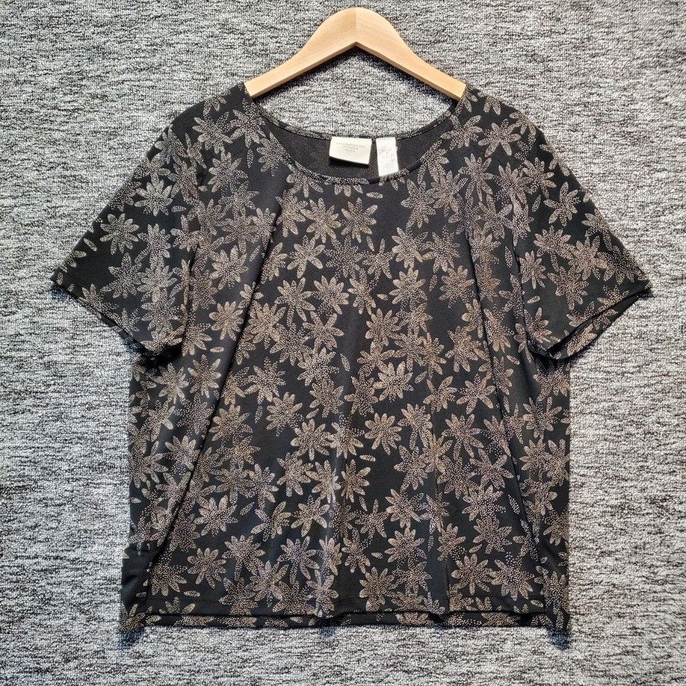 Liz Claiborne Blouse Women Petite‎ 2X Black Floral Short Sleeve Crew Neck Top